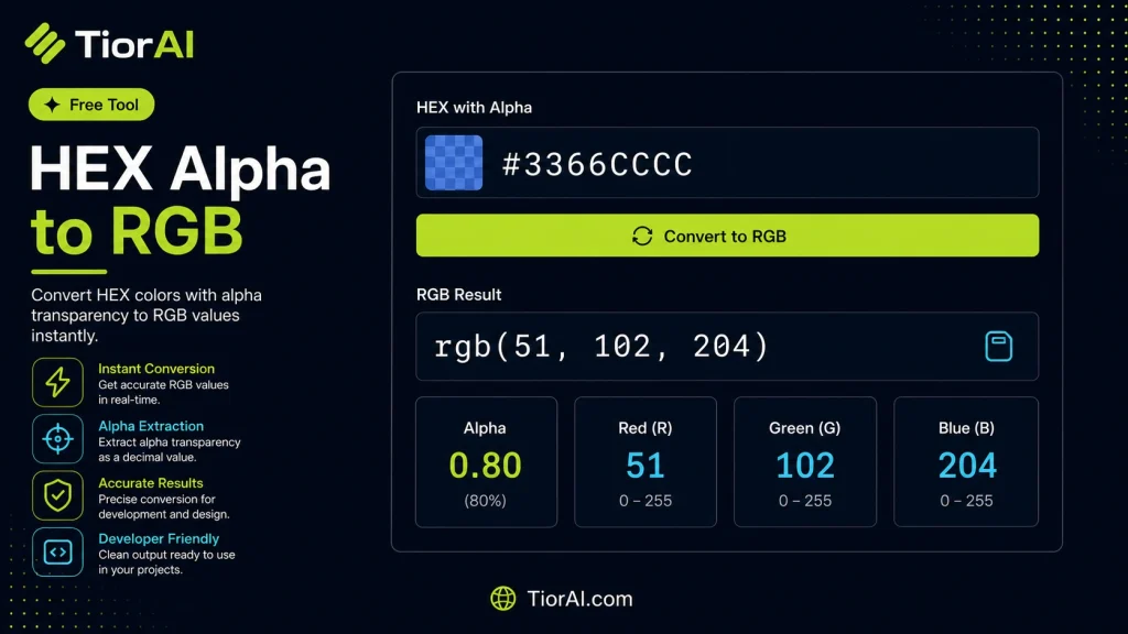 HEX Alpha to RGB free online tool by TiorAI - interface preview