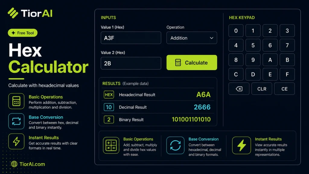 HEX Calculator free online tool by TiorAI. Perform arithmetic and bitwise operations on hexadecimal numbers