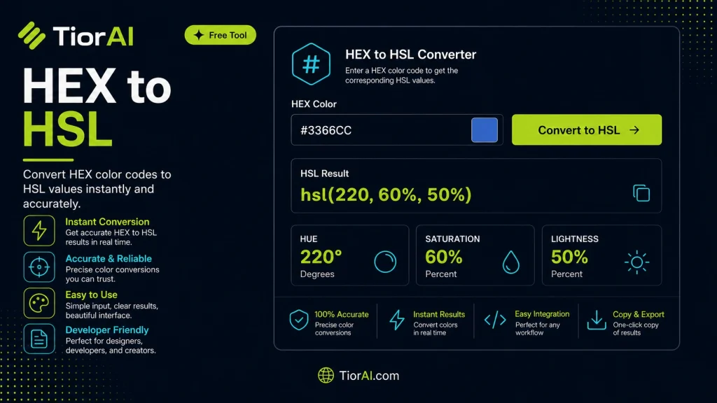 HEX to HSL free online tool by TiorAI - interface preview