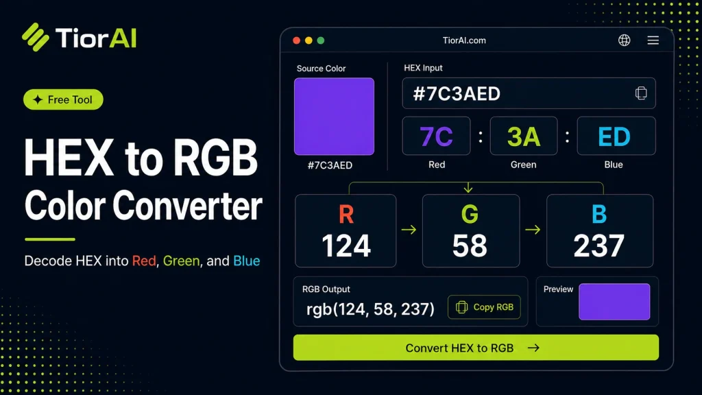 HEX to RGB Color Converter free online tool by TiorAI. Convert HEX color values to RGB format