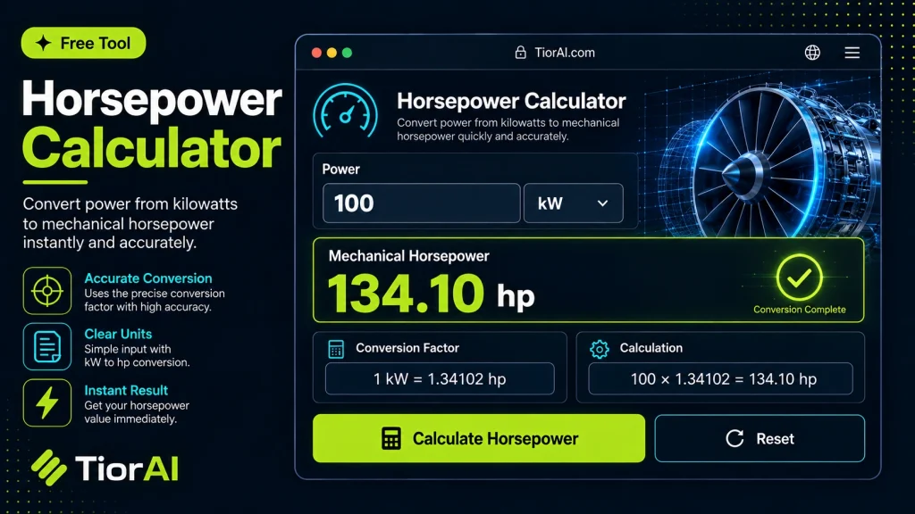 Horsepower Calculator free online tool by TiorAI - interface preview