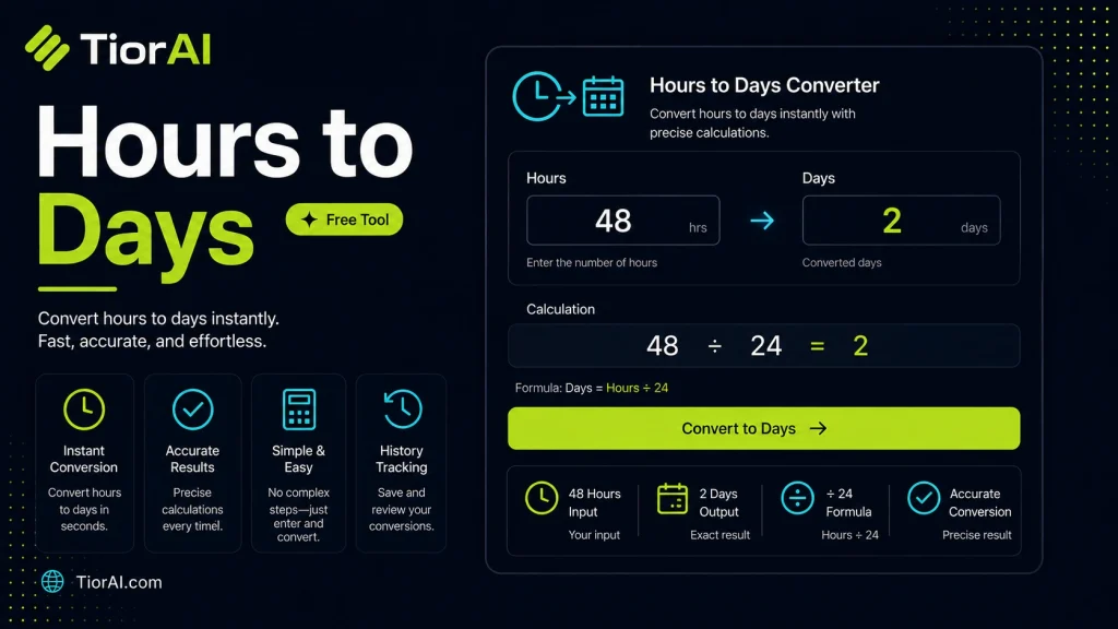 Hours to Days Converter free online tool by TiorAI. Convert hours to days and days to hours instantly