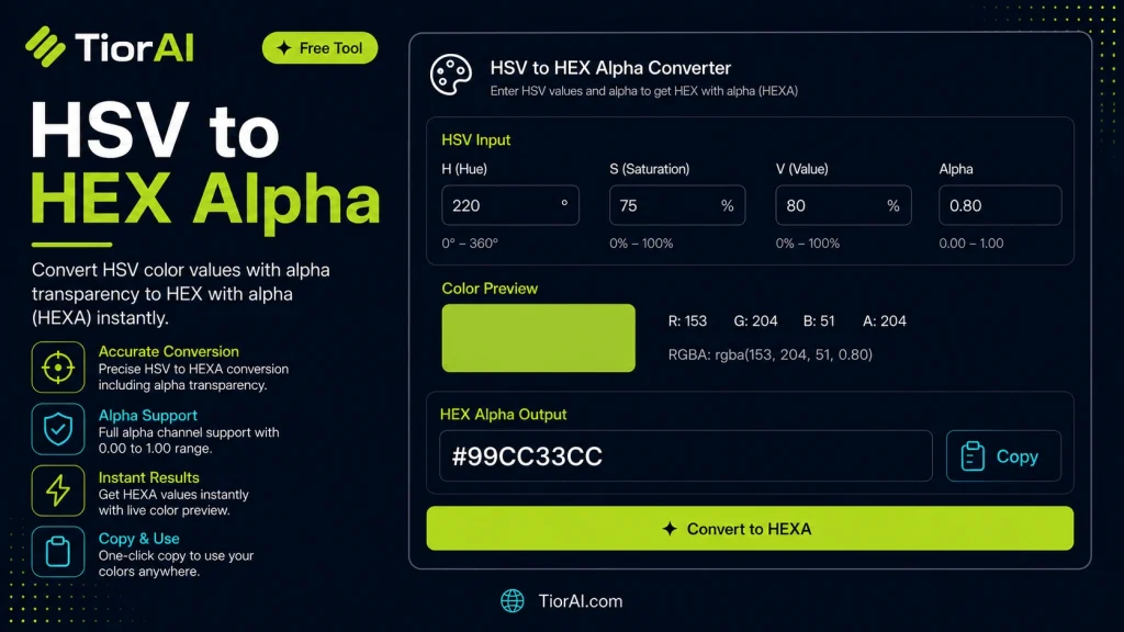 HSV to HEX Alpha free online tool by TiorAI - interface preview