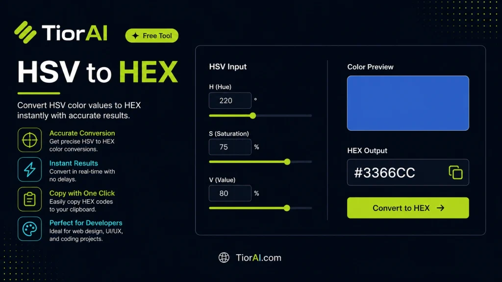 HSV to HEX free online tool by TiorAI - interface preview