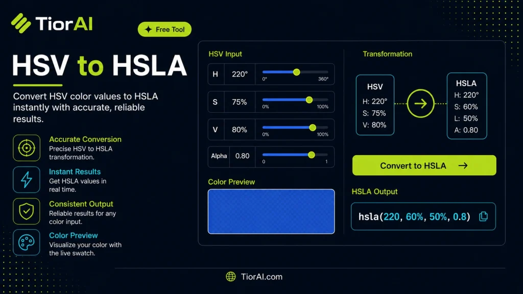 HSV to HSLA free online tool by TiorAI - interface preview