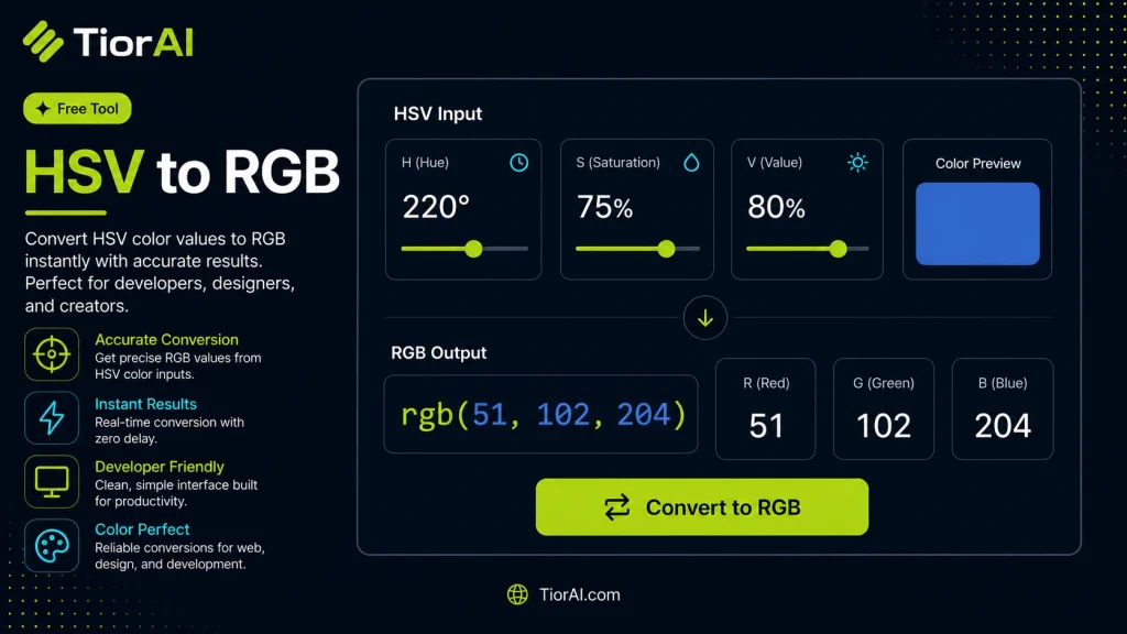 HSV to RGB free online tool by TiorAI - interface preview