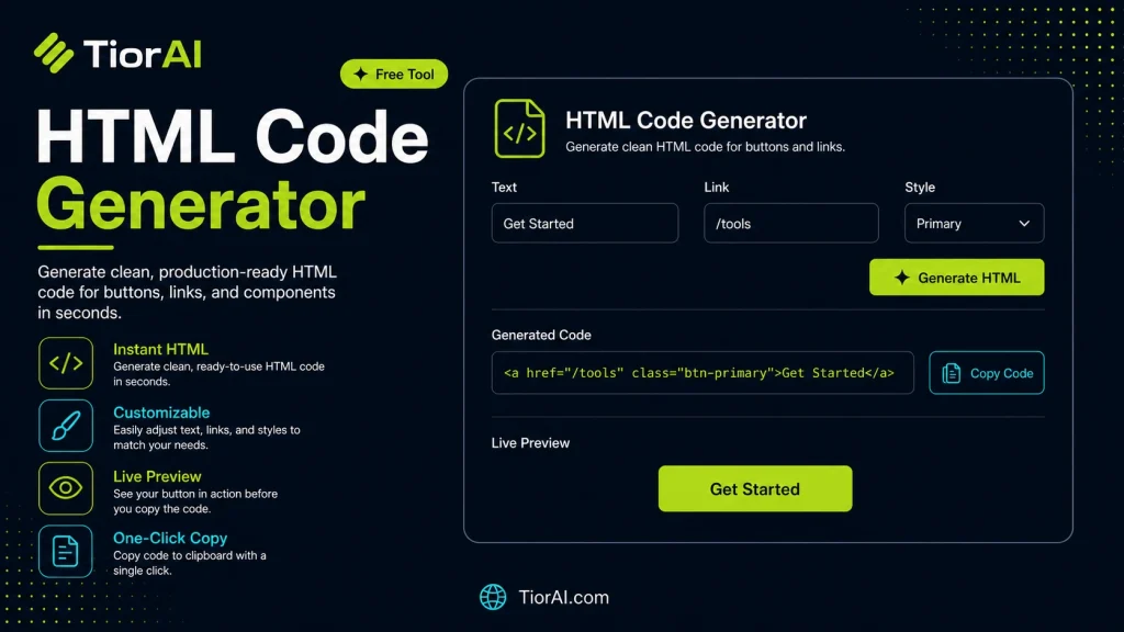 HTML Code Generator free online tool by TiorAI - interface preview