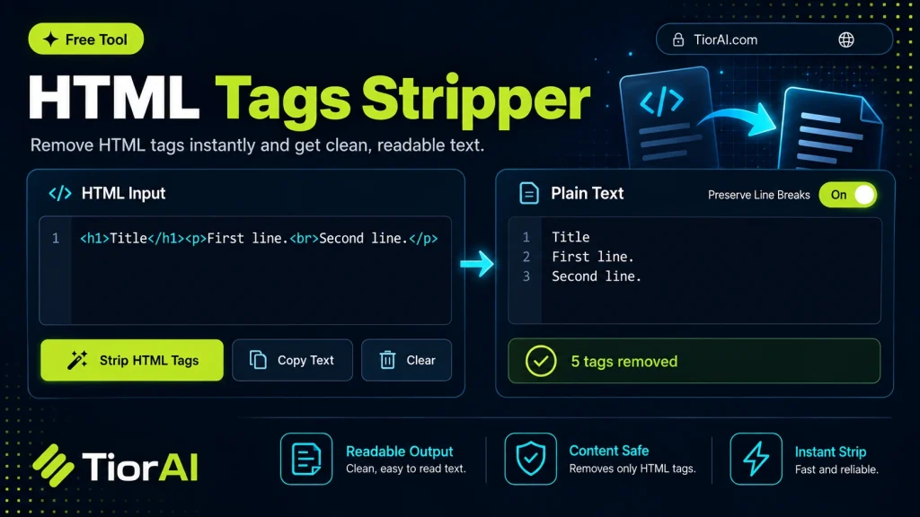 HTML Tags Stripper free online tool by TiorAI - interface preview