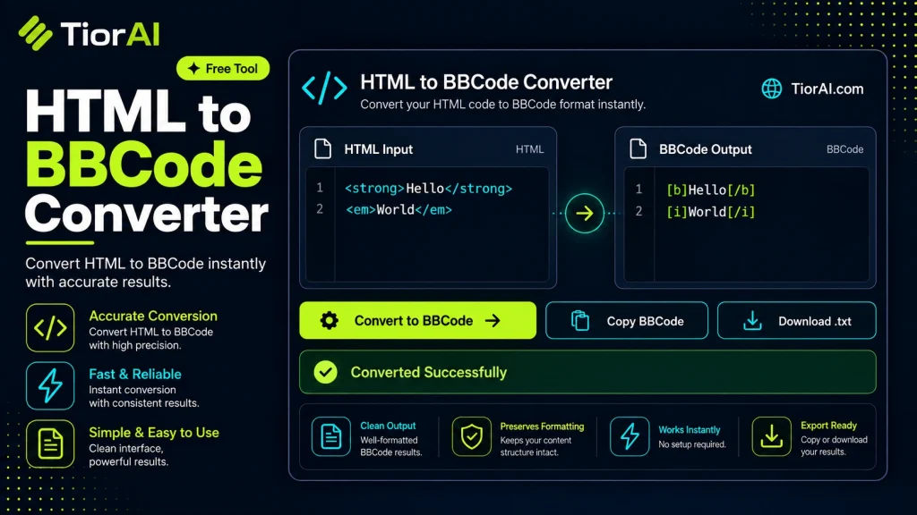 HTML to BBCode Converter free online tool by TiorAI - interface preview