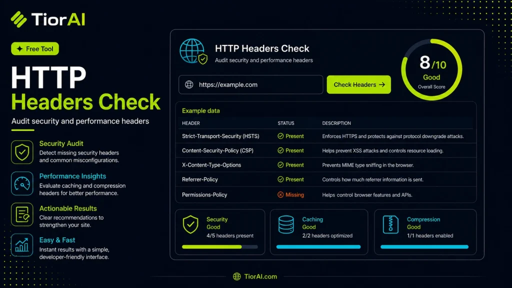 HTTP Headers Checker free online tool by TiorAI - interface preview