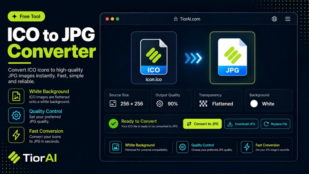 ICO to JPG Converter free online tool by TiorAI. Convert ICO images to JPG format