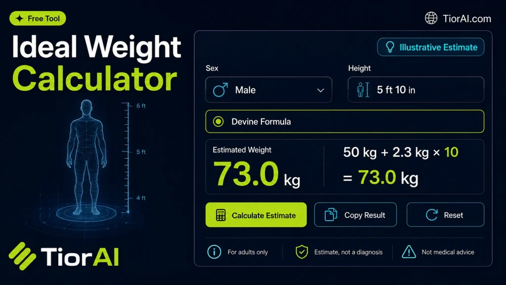 Ideal Weight Calculator free online tool by TiorAI. Estimate ideal weight using Robinson, Miller, Hamwi, and Devine formulas