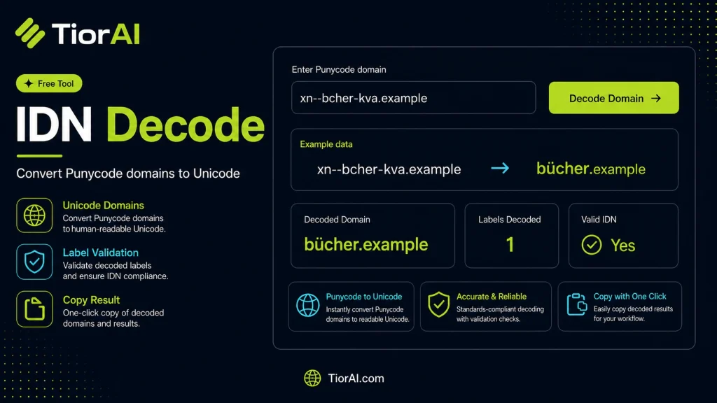 IDN Decode (Punycode to Unicode) free online tool by TiorAI - interface preview