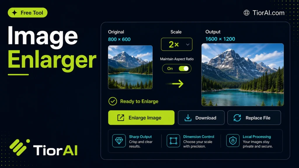 Image Enlarger free online tool by TiorAI. Upscale an image in your browser and download the enlarged version