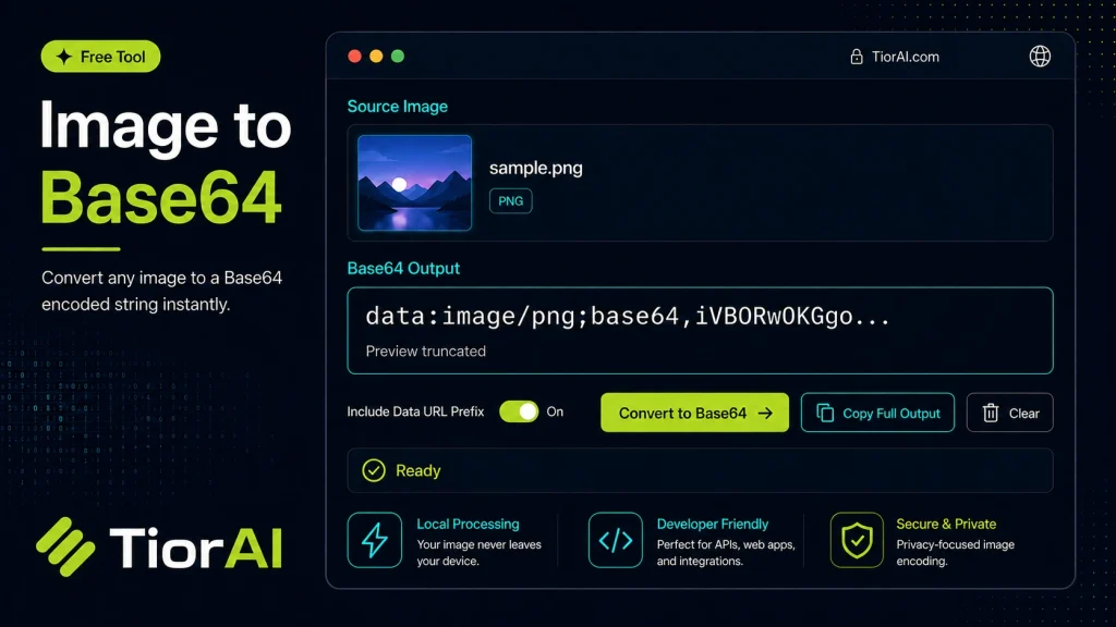 Image to Base64 free online tool by TiorAI. Convert an image file into a Base64 data URL directly in your browser