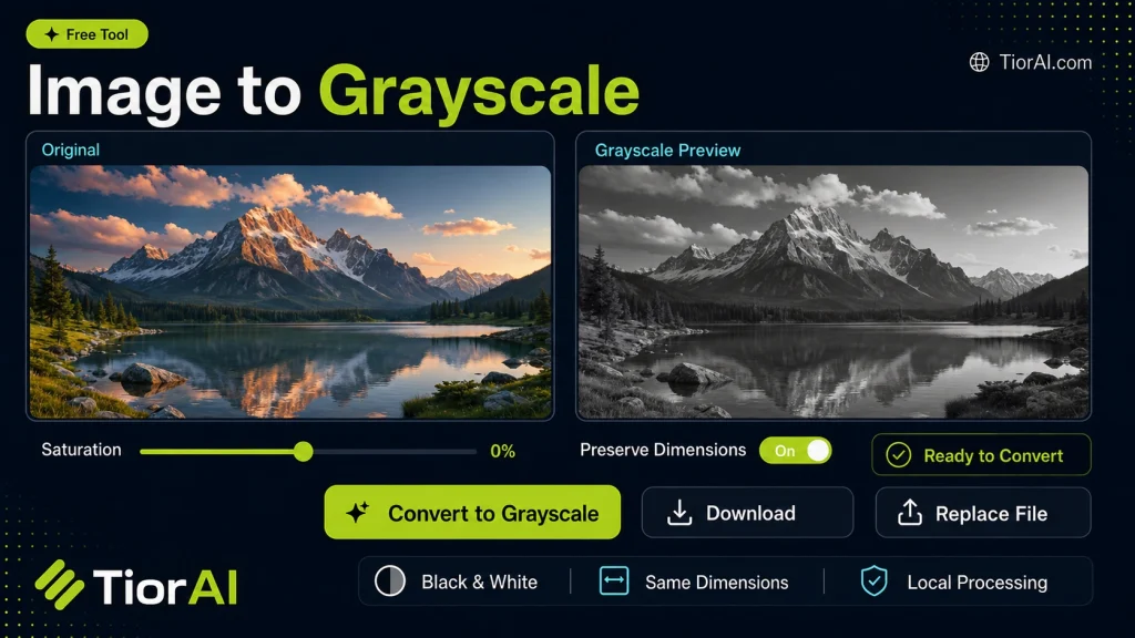 Image to Grayscale free online tool by TiorAI. Convert a color image into grayscale directly in your browser
