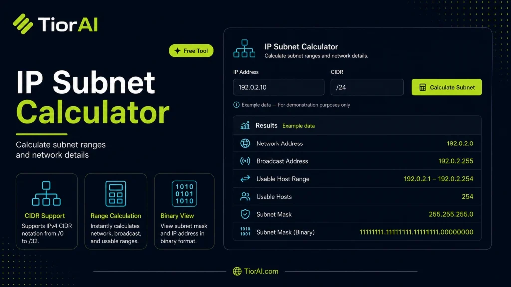 IP Subnet Calculator free online tool by TiorAI. Calculate subnet details from an IP address and CIDR prefix or subnet mask