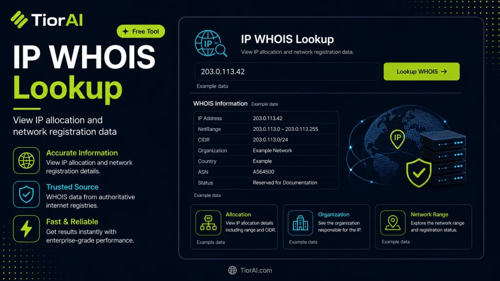 IP WHOIS Lookup free online tool by TiorAI. Lookup WHOIS information for any IP address