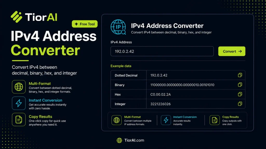 IPv4 Address Converter free online tool by TiorAI - interface preview