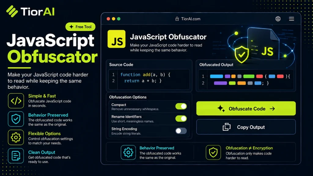JavaScript Obfuscator free online tool by TiorAI - interface preview
