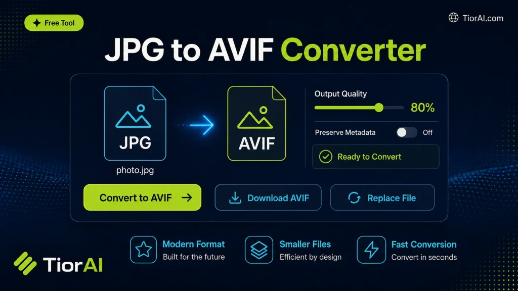 JPG to AVIF Converter free online tool by TiorAI. Convert JPG images to AVIF format
