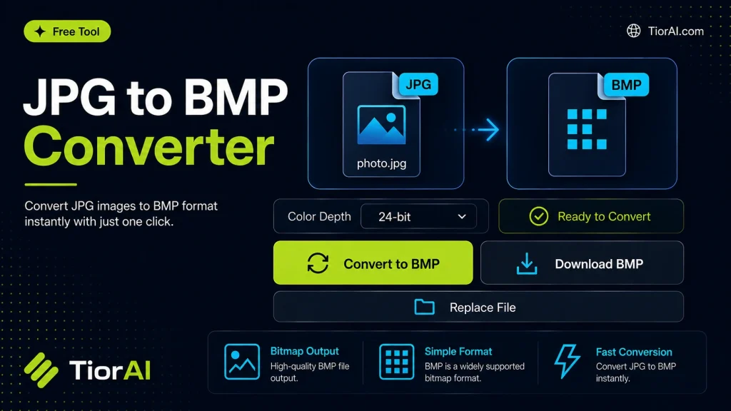 JPG to BMP Converter free online tool by TiorAI. Convert JPG images to BMP format