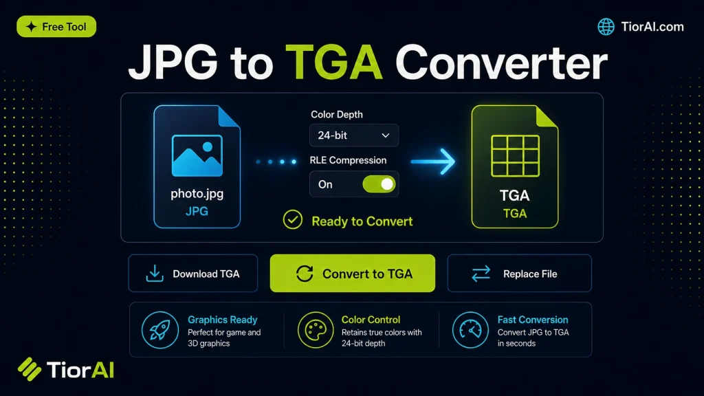 JPG to TGA Converter free online tool by TiorAI. Convert JPG images to TGA format
