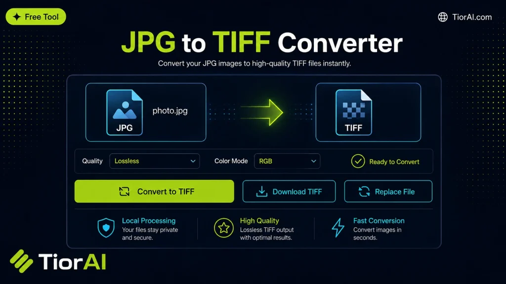 JPG to TIFF Converter free online tool by TiorAI. Convert JPG images to TIFF format