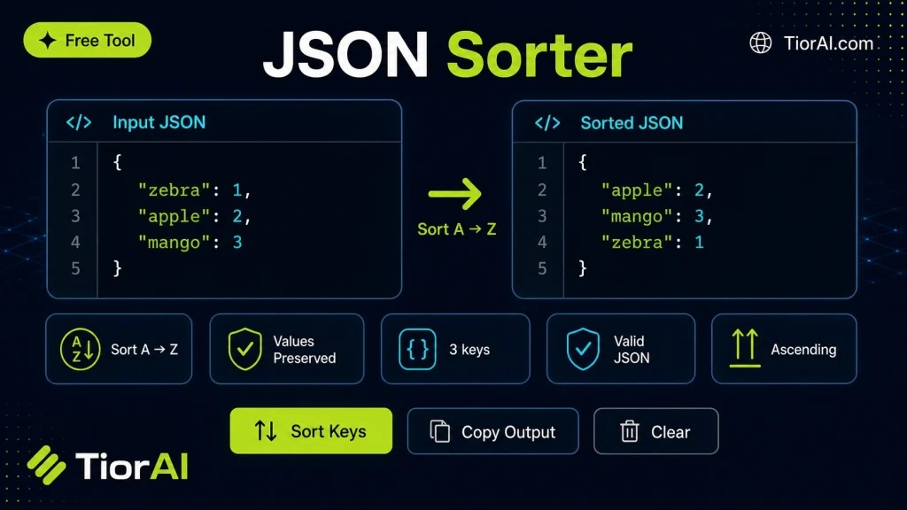 JSON Sorter free online tool by TiorAI - interface preview