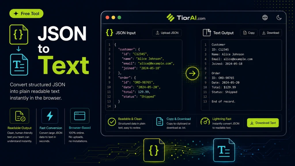 JSON to Text Converter free online tool by TiorAI - interface preview