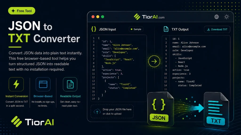 JSON to TXT Converter free online tool by TiorAI - interface preview