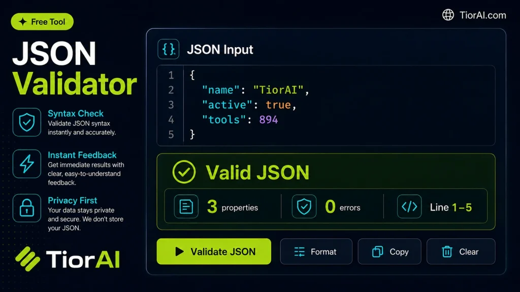 JSON Validator free online tool by TiorAI - interface preview