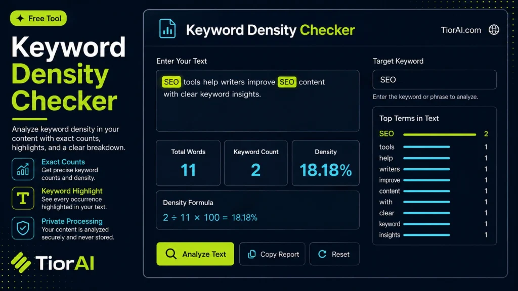 Keyword Density Checker free online tool by TiorAI. Analyze keyword frequency and density from any text