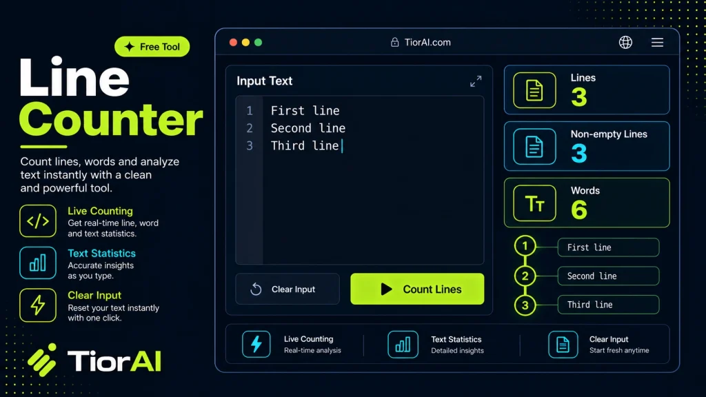 Line Counter free online tool by TiorAI. Count the number of lines in your text. Optionally ignore blank lines