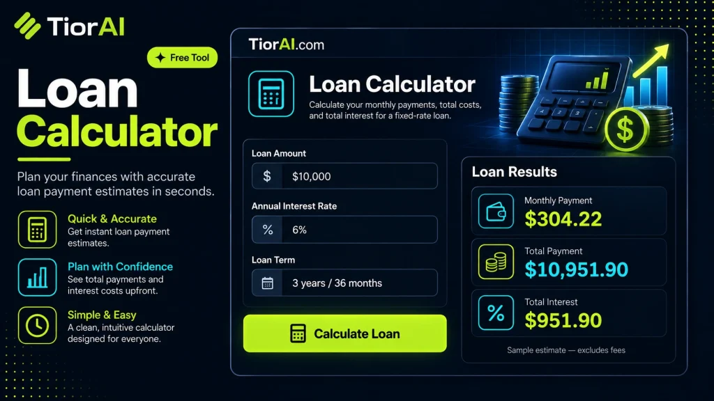 Loan Calculator free online tool by TiorAI. Calculate monthly payment, total payment, and total interest for a loan
