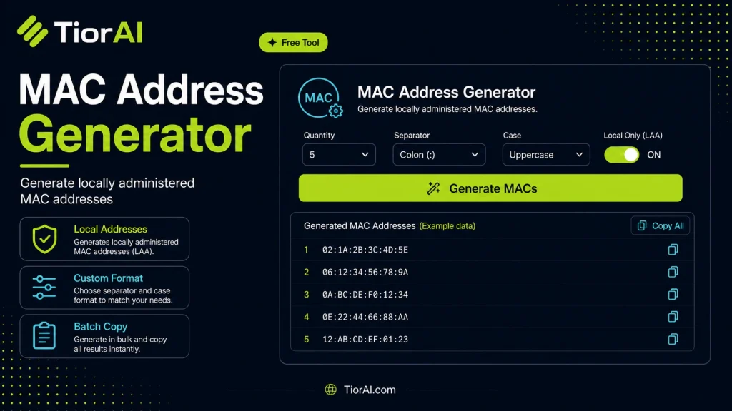 MAC Address Generator free online tool by TiorAI - interface preview