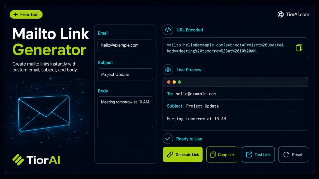 Mailto Link Generator free online tool by TiorAI - interface preview