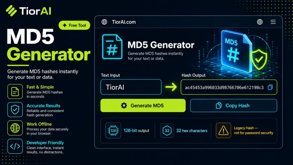 MD5 Generator free online tool by TiorAI. Generate an MD5 hash from text locally in your browser