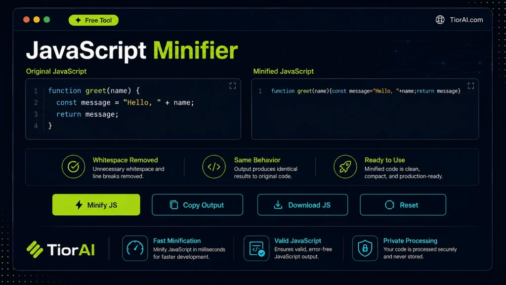 Minify JS free online tool by TiorAI - interface preview