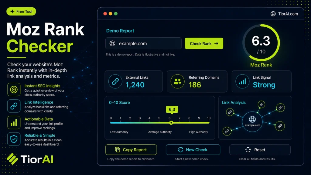 Moz Rank Checker free online tool by TiorAI. Check the MozRank score of any website to measure link popularity