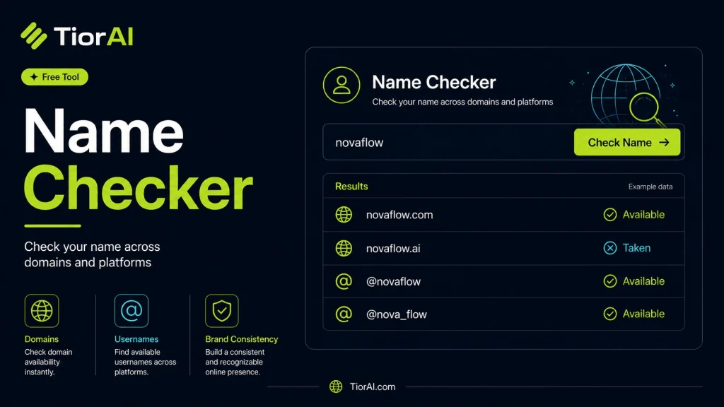 Domain Name Checker free online tool by TiorAI. Check if a domain name is available and view WHOIS information