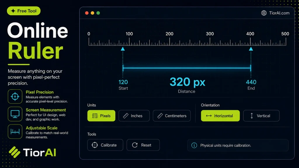 Online Ruler free online tool by TiorAI. Calibrate with a known object, then measure on-screen lengths