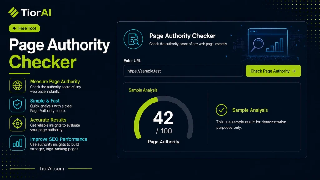 Page Authority Checker free online tool by TiorAI. Check the Page Authority (PA) score of any webpage