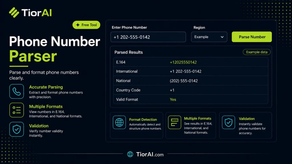 Phone Number Parser free online tool by TiorAI - interface preview