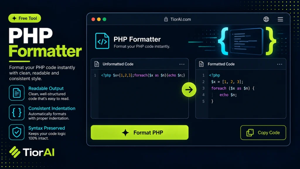 PHP Formatter free online tool by TiorAI - interface preview