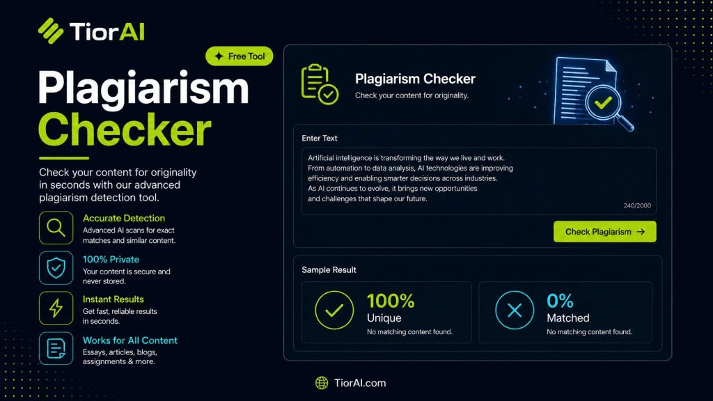 Plagiarism Checker free online tool by TiorAI. Check your content for plagiarism by comparing it against web sources