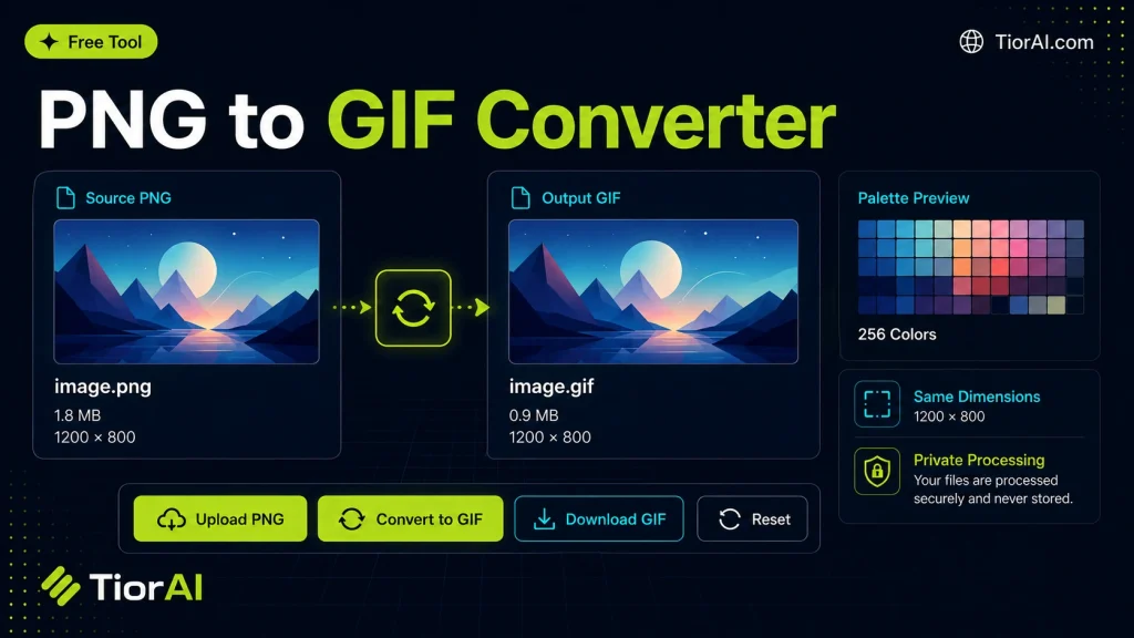 PNG to GIF Converter free online tool by TiorAI. Convert PNG images to GIF format