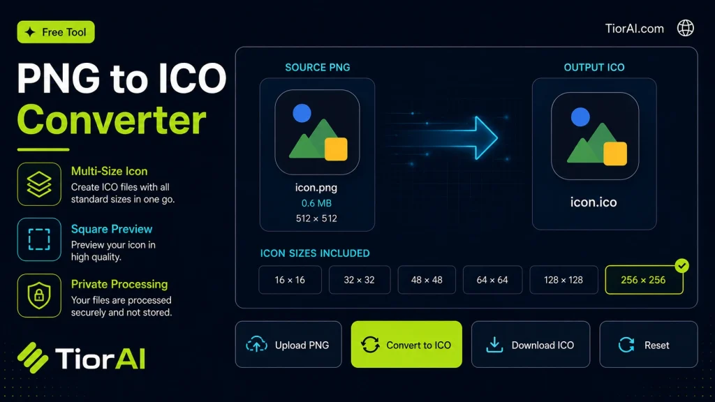 PNG to ICO Converter free online tool by TiorAI. Convert PNG images to ICO format