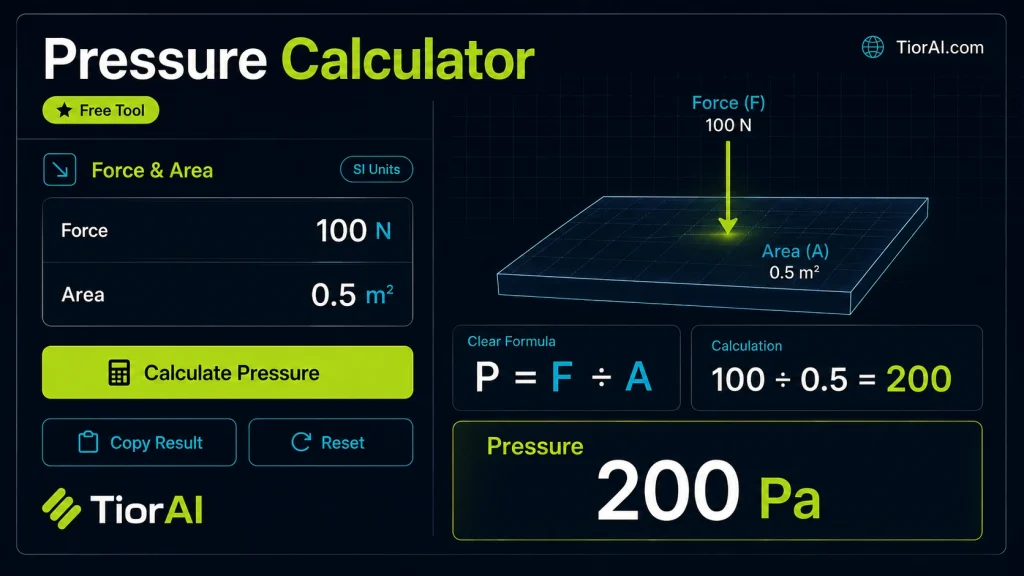 Pressure Calculator free online tool by TiorAI. Calculate Pressure = Force / Area, or solve for Force or Area