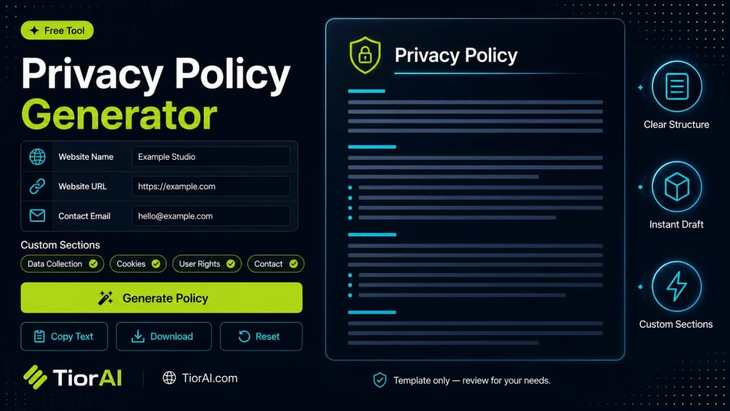 Privacy Policy Generator free online tool by TiorAI. Generate a customised privacy policy document for your website